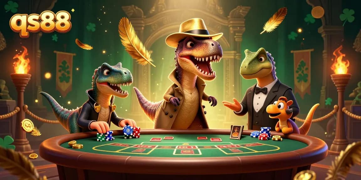 Experience thrilling qs88 gameplay with a velociraptor counter at a blackjack table amidst a dynamic casino scene.