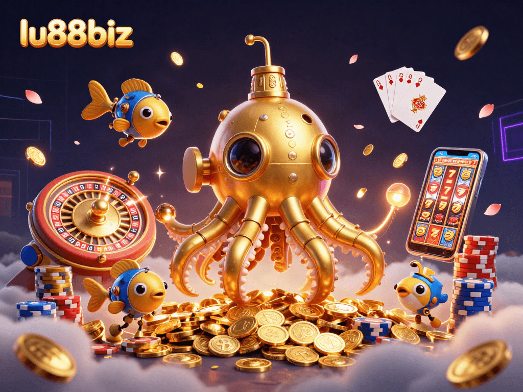 Experience thrilling gameplay with lu88biz's golden kraken submarine amidst coins in a vibrant casino scene.