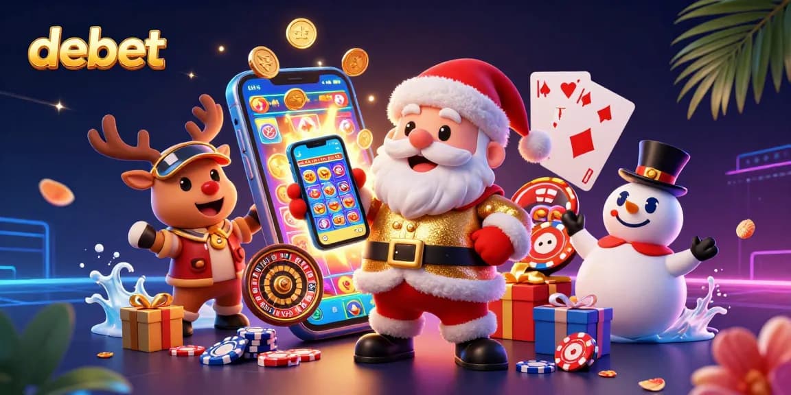 Engage with debet's festive jackpot slots experience featuring Santa and friends in a vibrant casino setting.