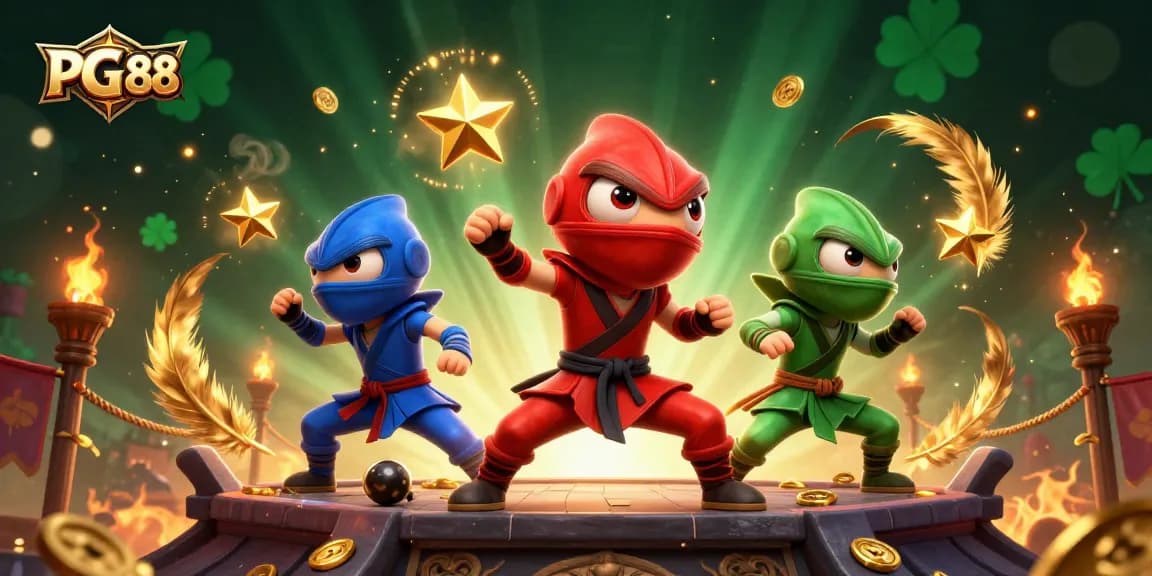 Experience thrilling action at PG 88 with a vibrant 3D scene of ninja chameleons in combat poses.