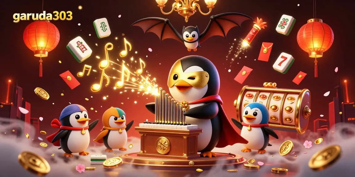 garuda303 promotes exciting online gaming with a whimsical casino scene featuring gold coins and slot elements.