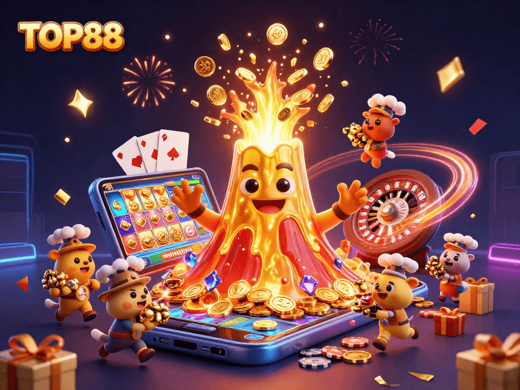 Engage with TOP88: A lively scene of a golden volcano erupting coins and treasures in an animated casino.
