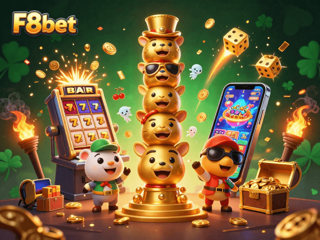 Join the excitement of F8bet with a vibrant casino scene featuring a golden totem and jackpot wins.
