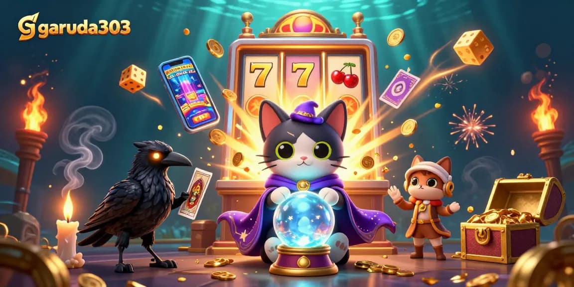Join the magical adventure at garuda303, where a mystic cat and raven reveal jackpot surprises amidst casino excitement.