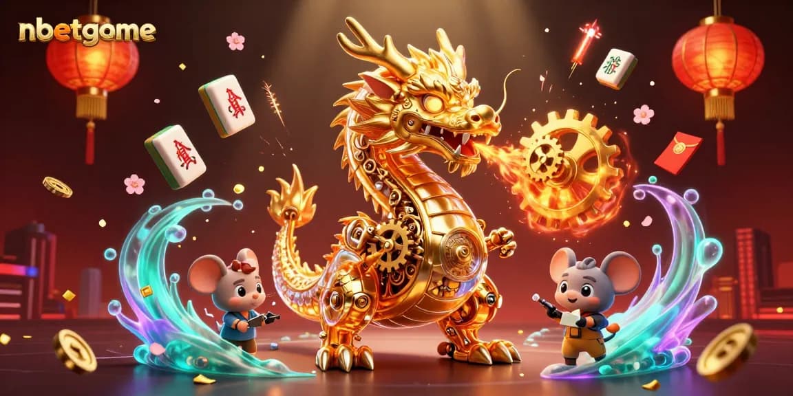 Engage in nbetgame with a dragon breathing gears, surrounded by vibrant casino elements.