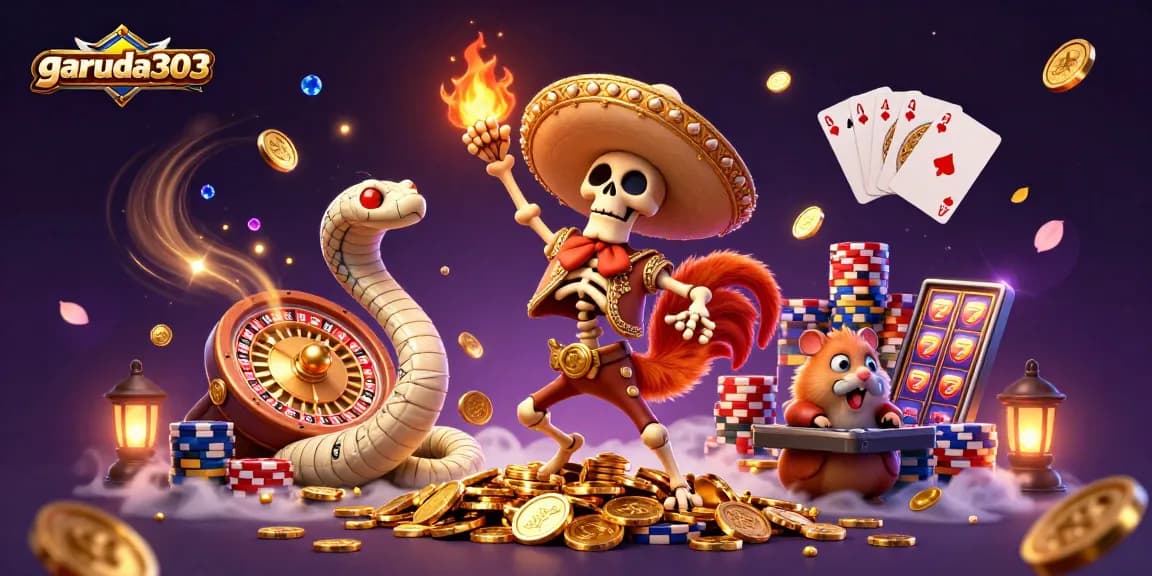 Win big with garuda303 as a cartoon mariachi rooster celebrates atop sparkling coins