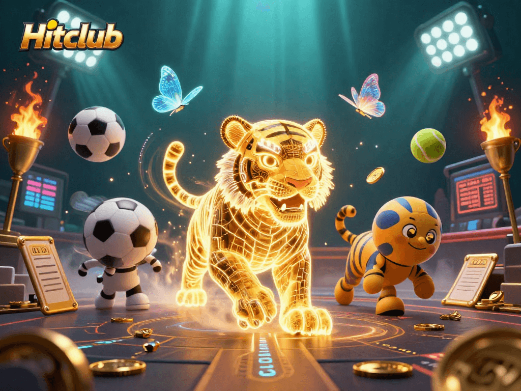 Experience a thrilling Hitclub adventure with dazzling animations of sports balls and a luminous golden tiger.