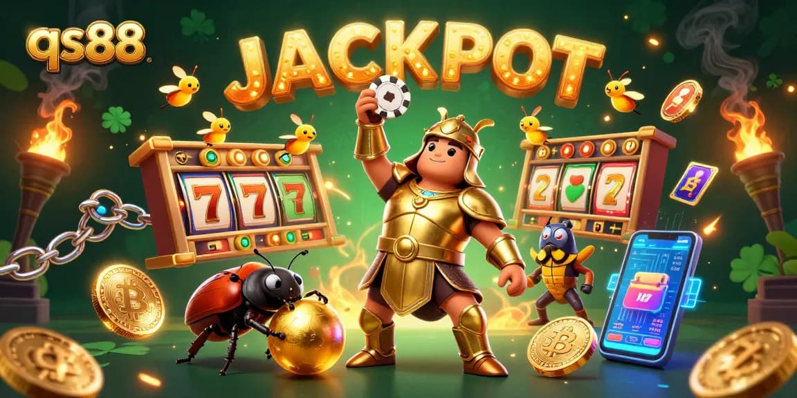 Experience the thrill of qs88 casino with golden beetles, jackpot, and vibrant gambling elements.