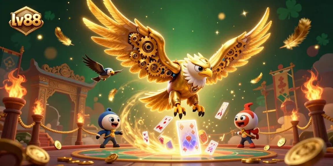 Experience thrilling gaming action at lv88 with a stunning 3D illustration of a cybernetic eagle amidst vibrant casino elements.