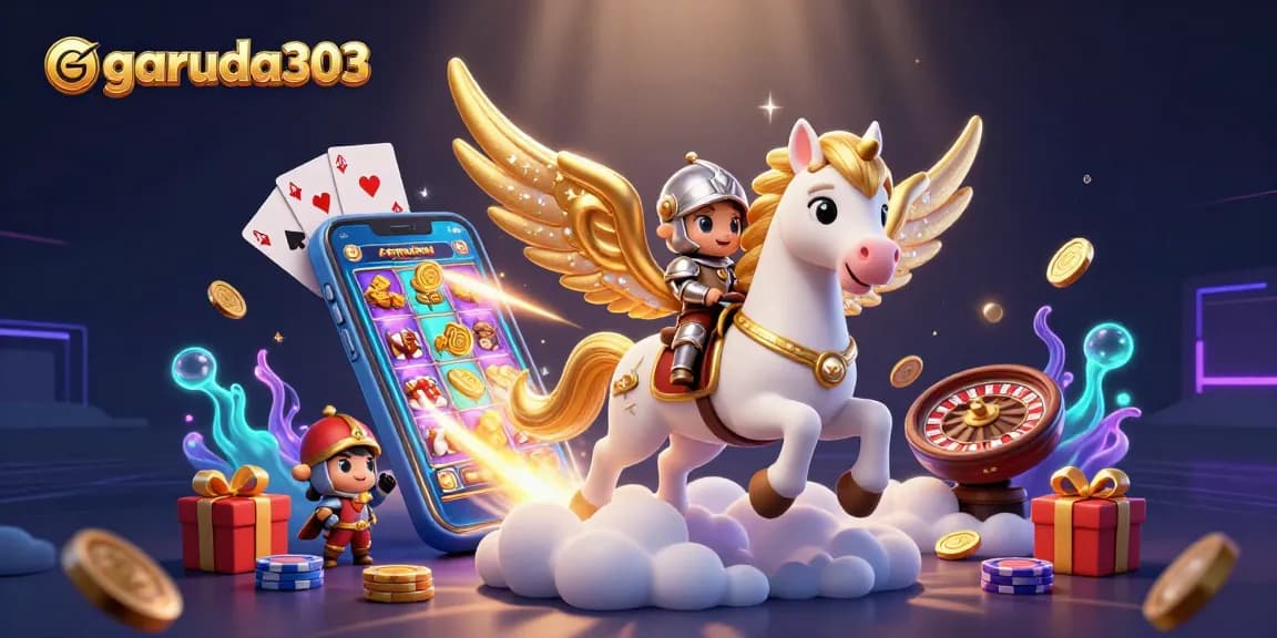 Experience magic with garuda303, a celestial horse and knight amidst dynamic casino elements like spinning slots.