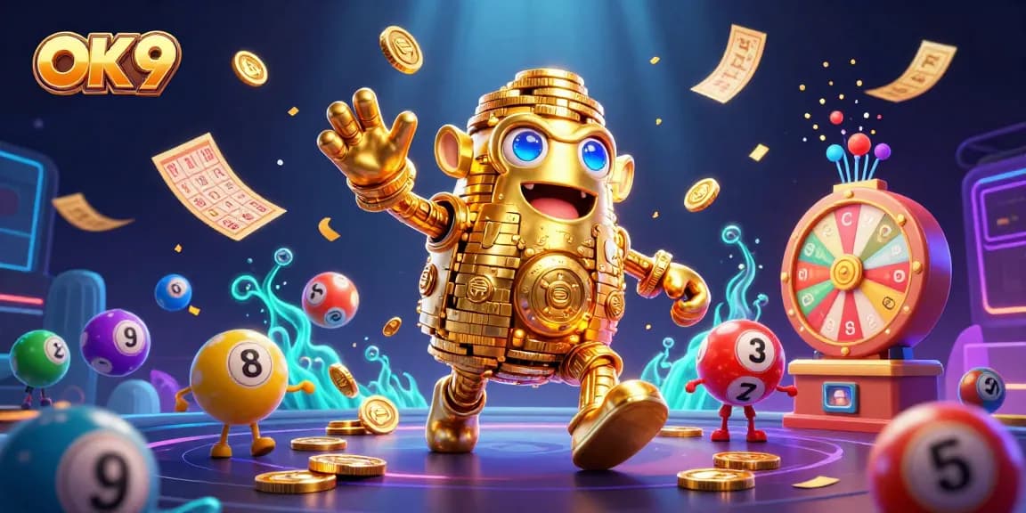 Engage in thrilling casino gaming with the vibrant OK 9 golden golem illustration.