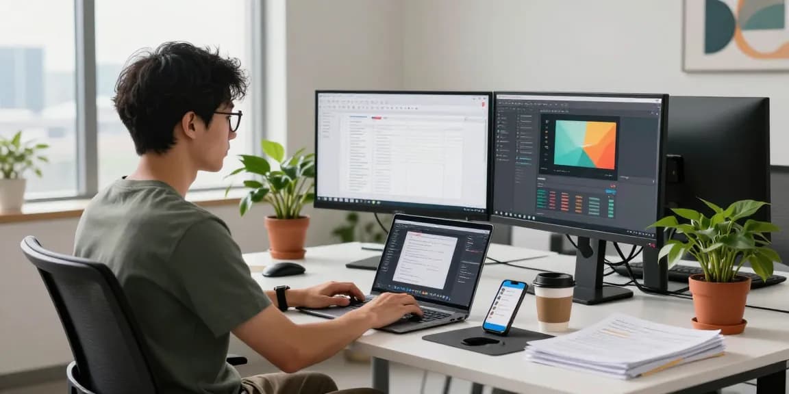 WPS Official Website - Engaging workspace scene with a professional working on dual monitors showcasing productivity and tech tools.