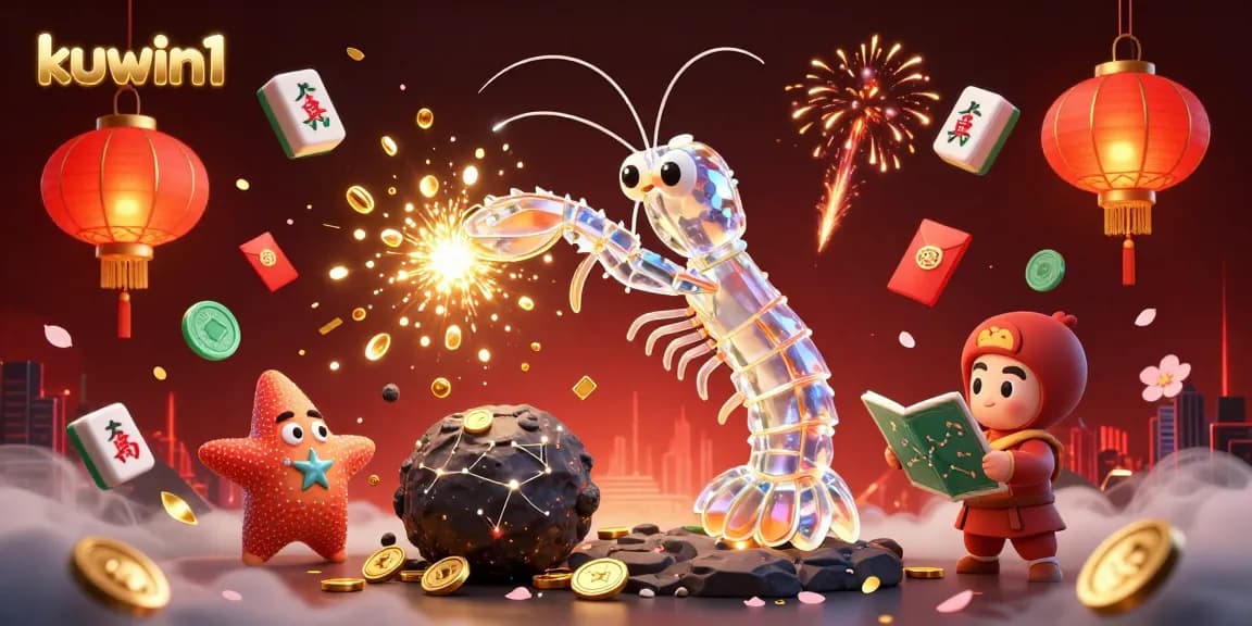 Kuwin1 showcases high-stakes action with a samurai mantis shrimp battling asteroids for golden gems in a vibrant casino-themed art.