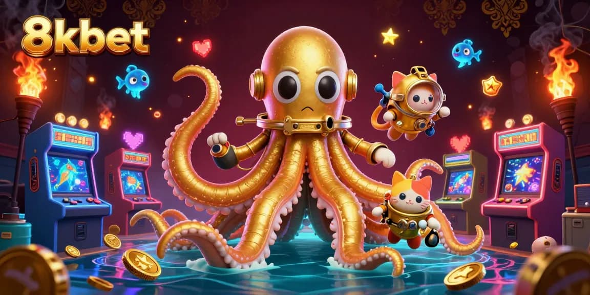 Experience thrilling gameplay at 8xbet as the kraken and diving cat dominate a vibrant gaming scene.