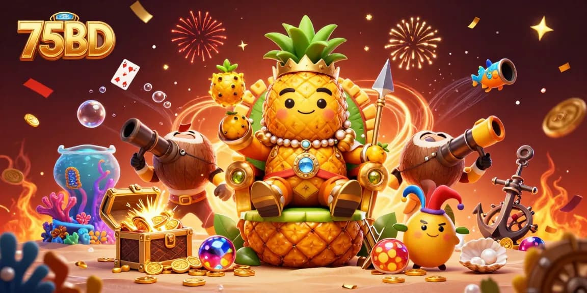 Experience the vibrant energy of 75BD in this dynamic 3D casino illustration showcasing fun characters and playful gaming elements.