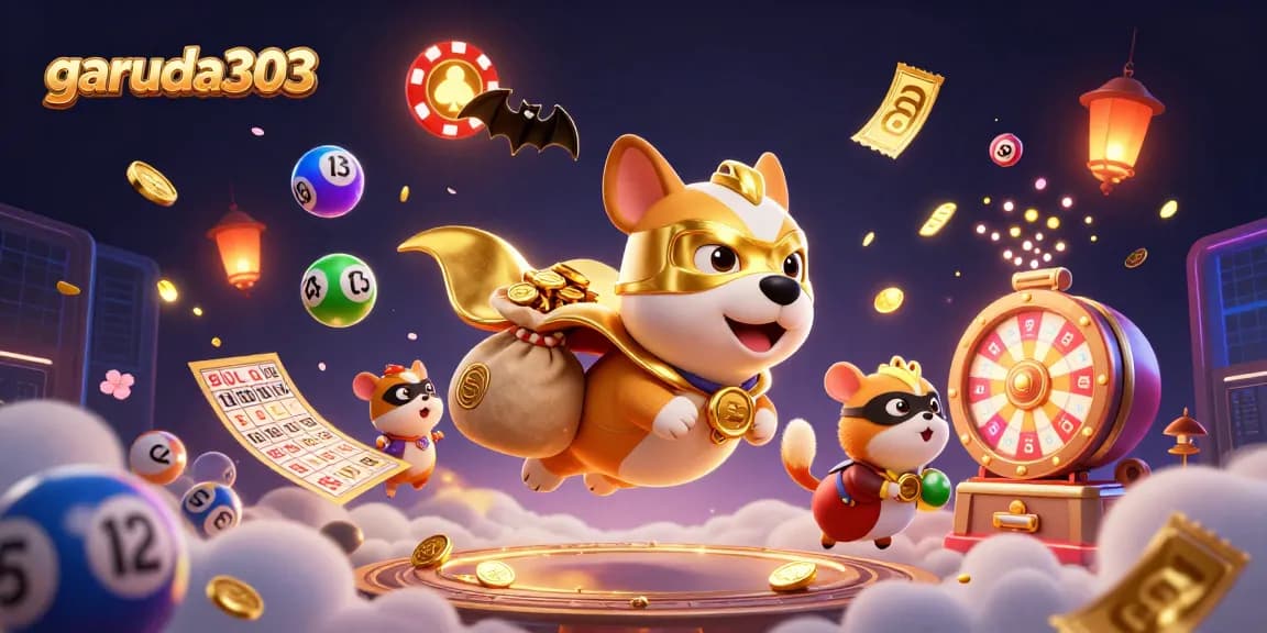 Experience thrilling gaming with garuda303 featuring a superhero dog and dynamic casino elements.