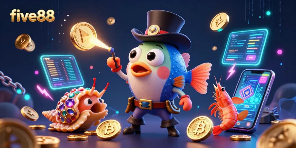 Experience the excitement of five88 with vibrant 3D characters attracting coins in a dazzling casino scene.