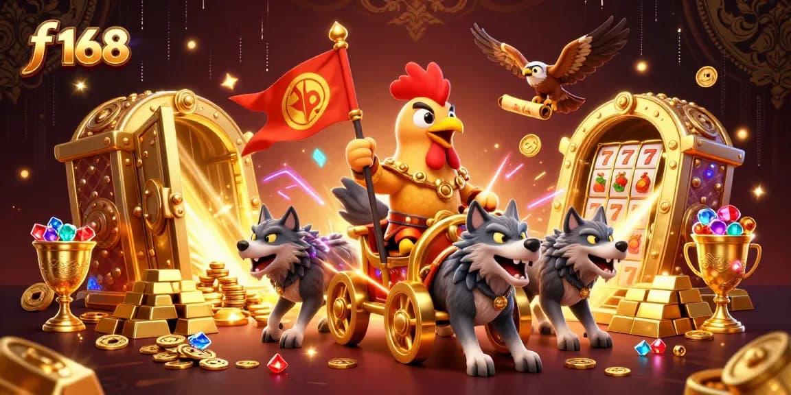 Engaging f 168 gaming scene with a rooster warlord and slot machines vying for riches.