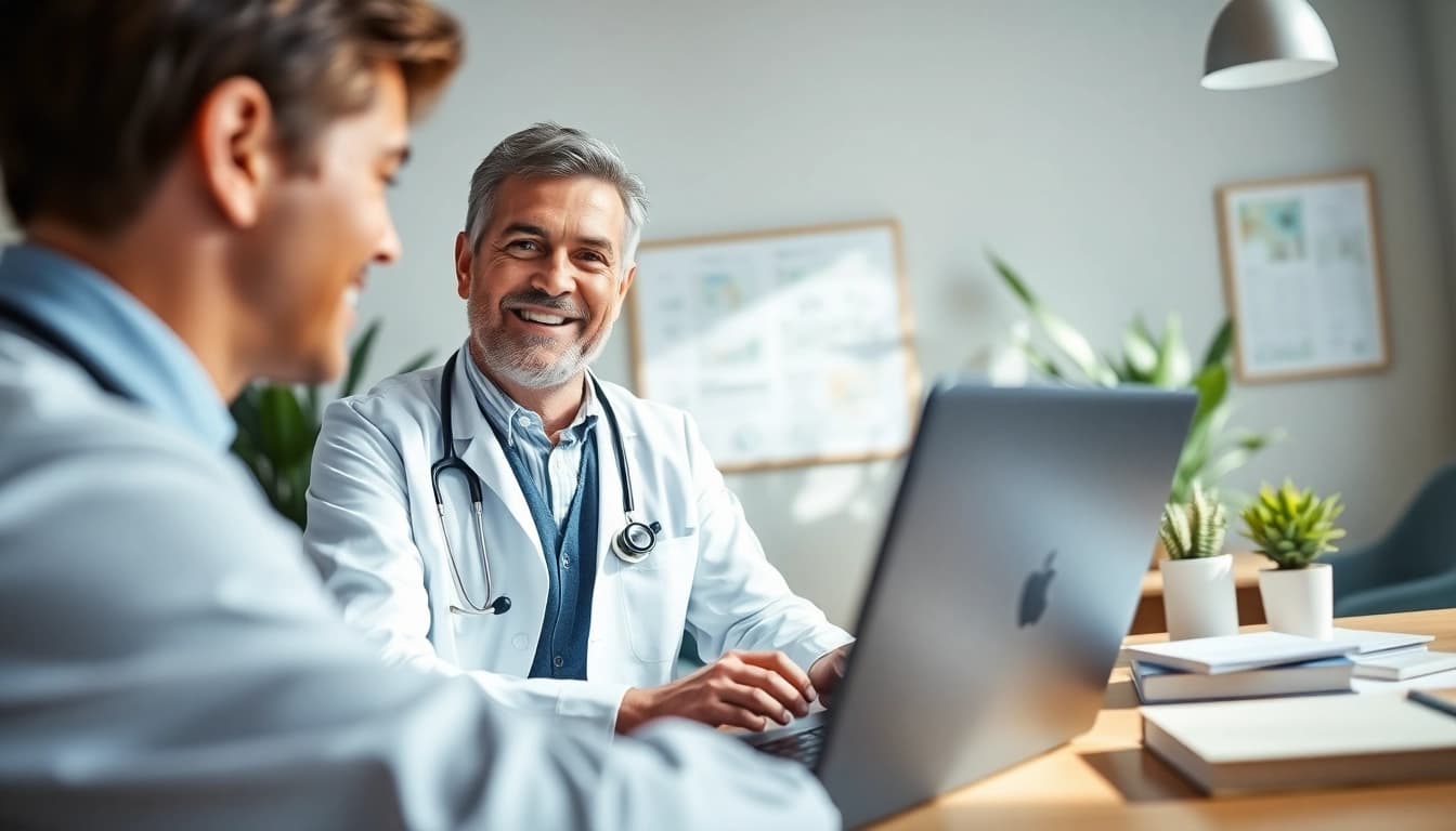 Engaging in a same day online doctor visit, a doctor consults via laptop in a warm, professional environment.