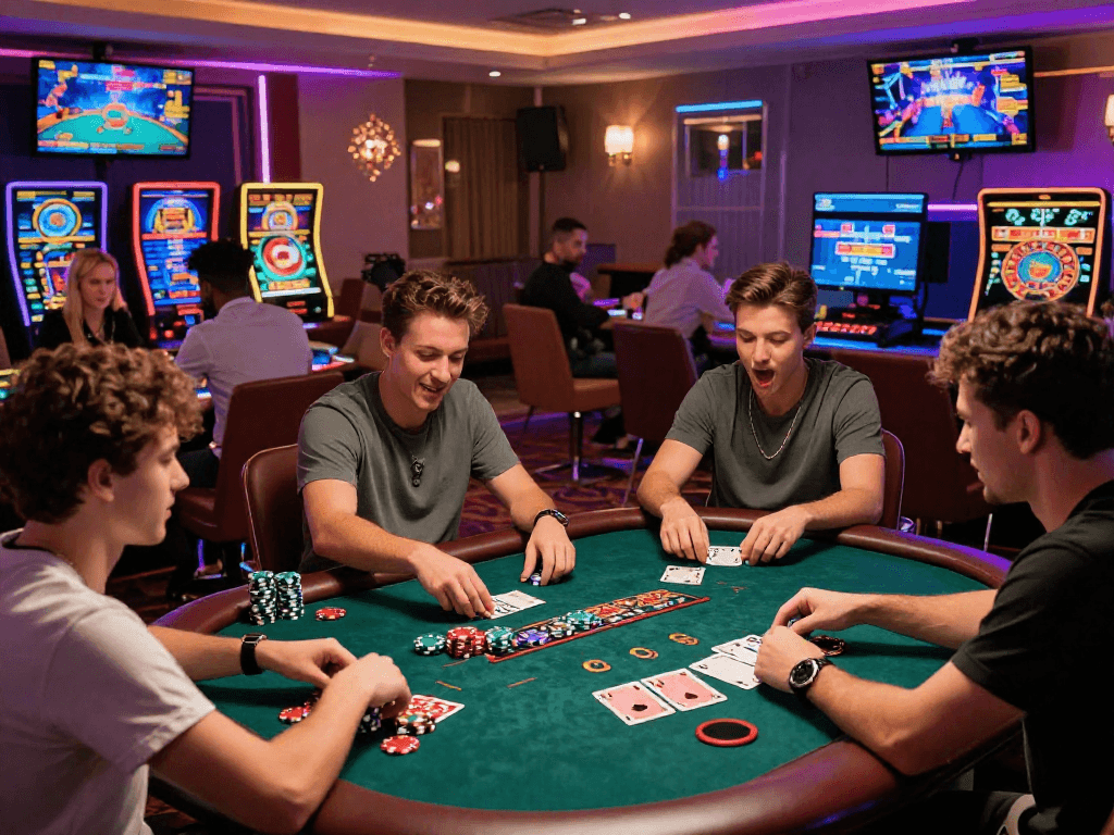 Gamers at https://vin88-casino.games/ enjoying an immersive casino experience with lively interaction and colorful gaming elements.