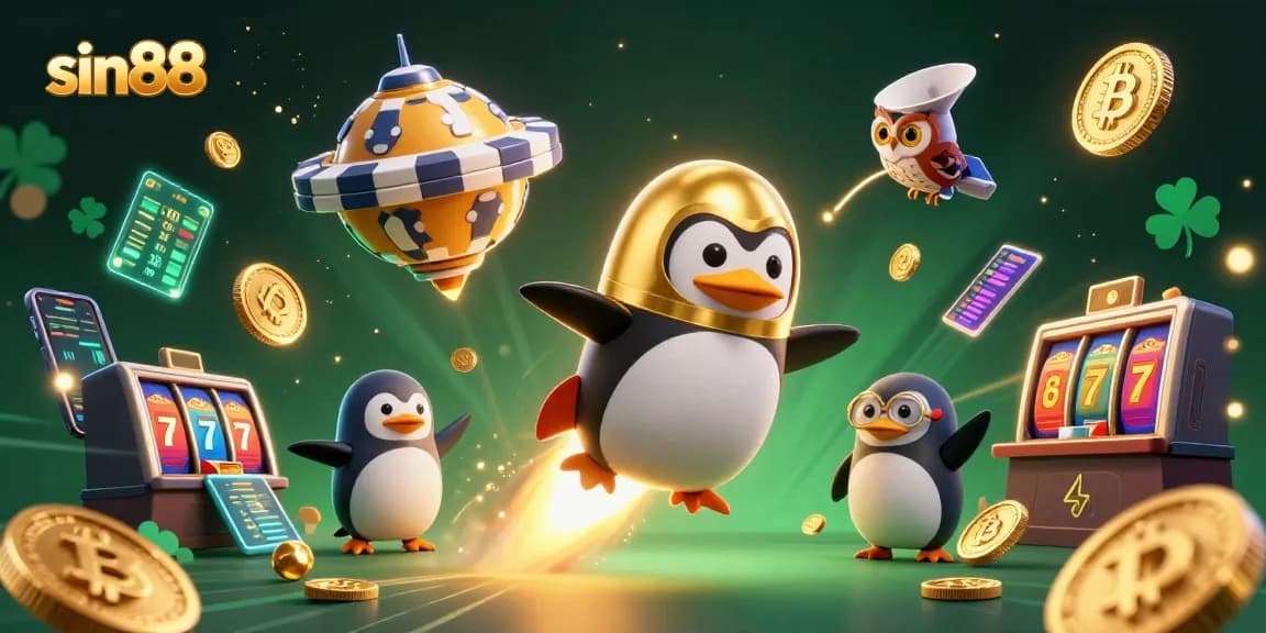 Join sin88's cosmic adventure with a golden penguin and crypto coins at a vibrant casino!