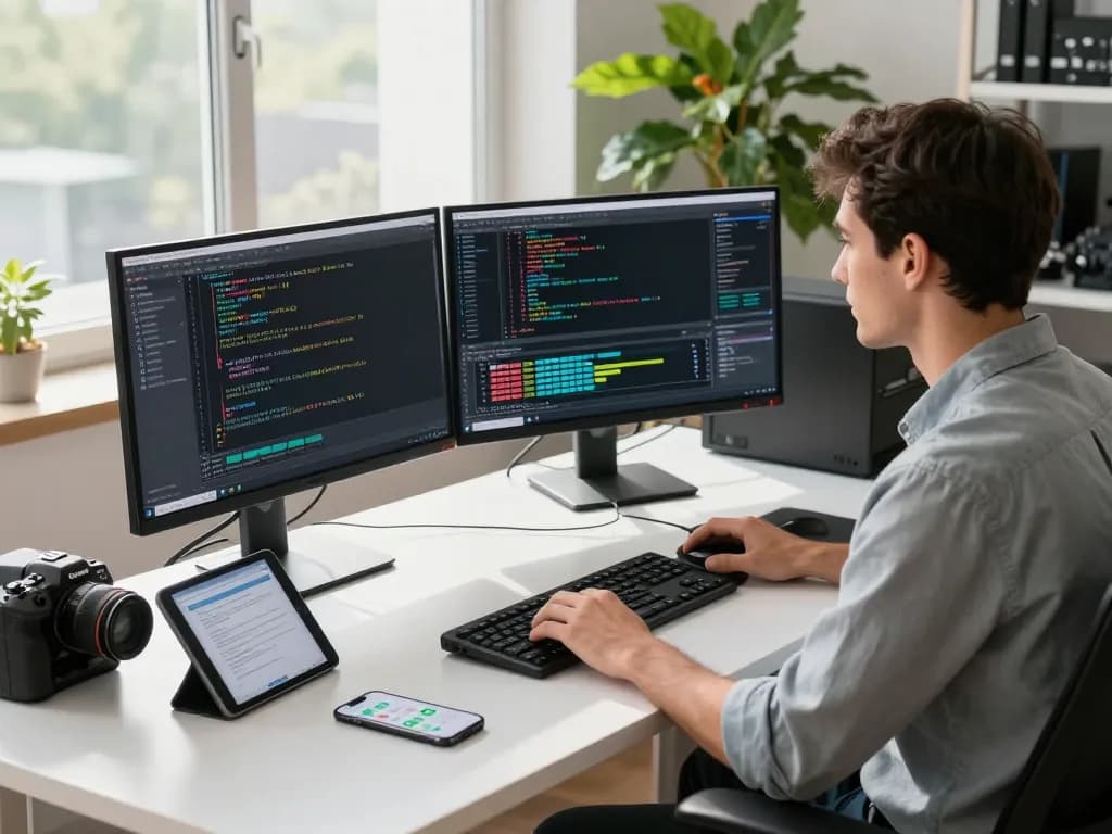 Engenheiro otimizando o desempenho do minerador ASIC em https://vnish.net.br/ em várias telas exibindo firmware de mineração em um ambiente de trabalho moderno.