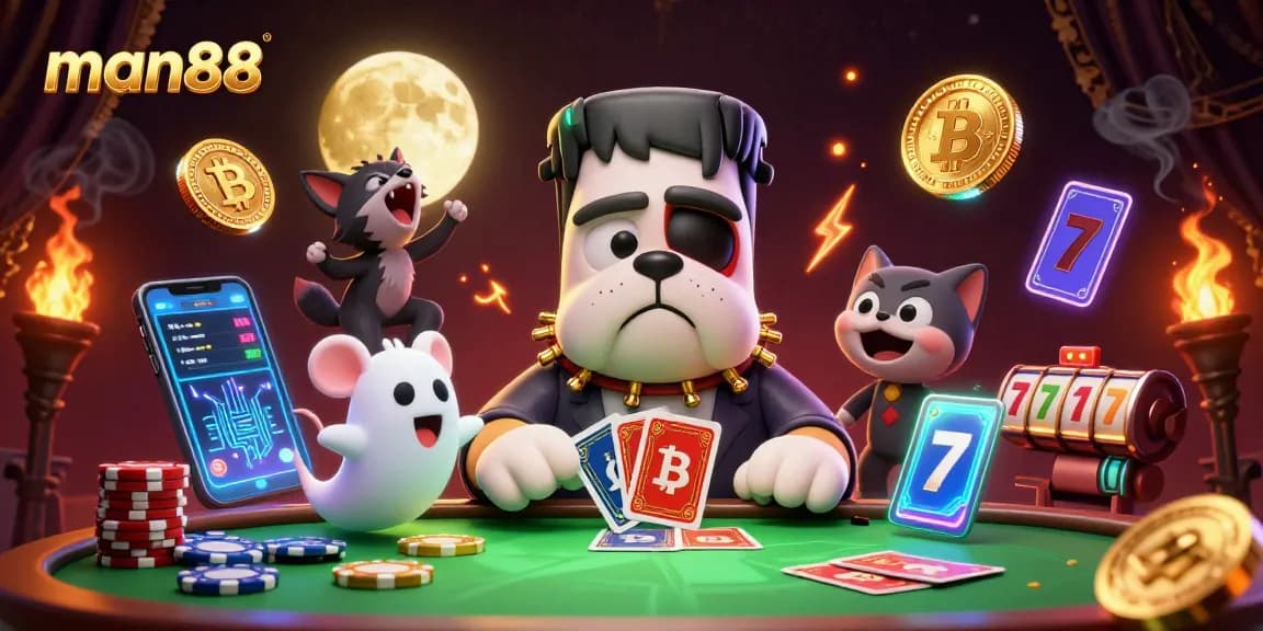 Engage in thrilling crypto action with man88 at a haunted casino table featuring a Frankenstein bulldog.