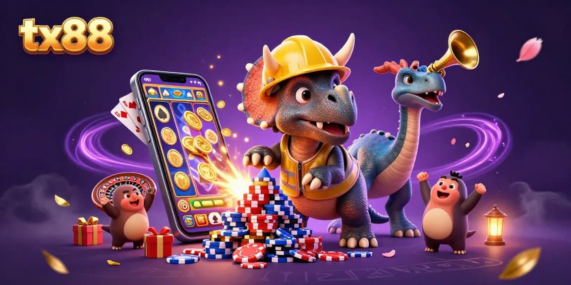 tx88 showcases a vibrant casino scene with a triceratops and gaming elements celebrating wins.