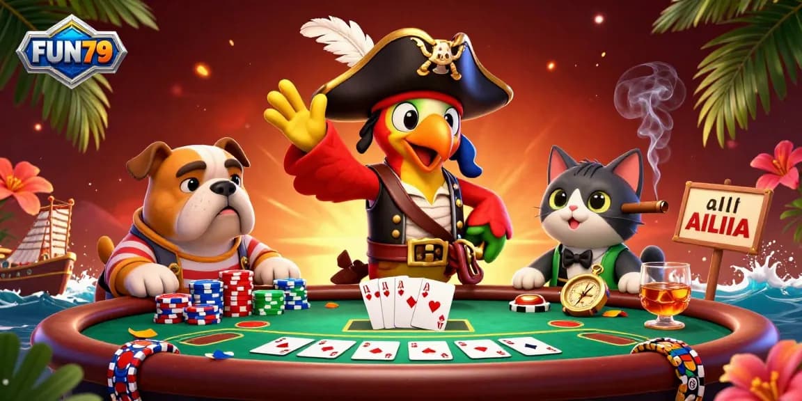 Engage in thrilling action with FUN79's pirate captain and crew at a vibrant poker table.