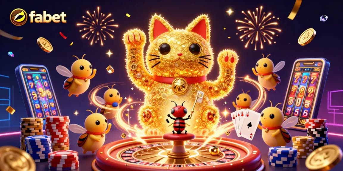 Experience vibrant entertainment with fabet's lucky cat illustration amid dynamic casino symbols and golden treasures.