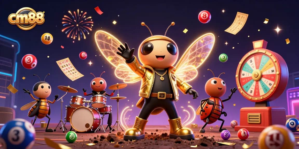 Engage with cm88 lottery excitement featuring a buzzing cicada rock star and colorful game elements.