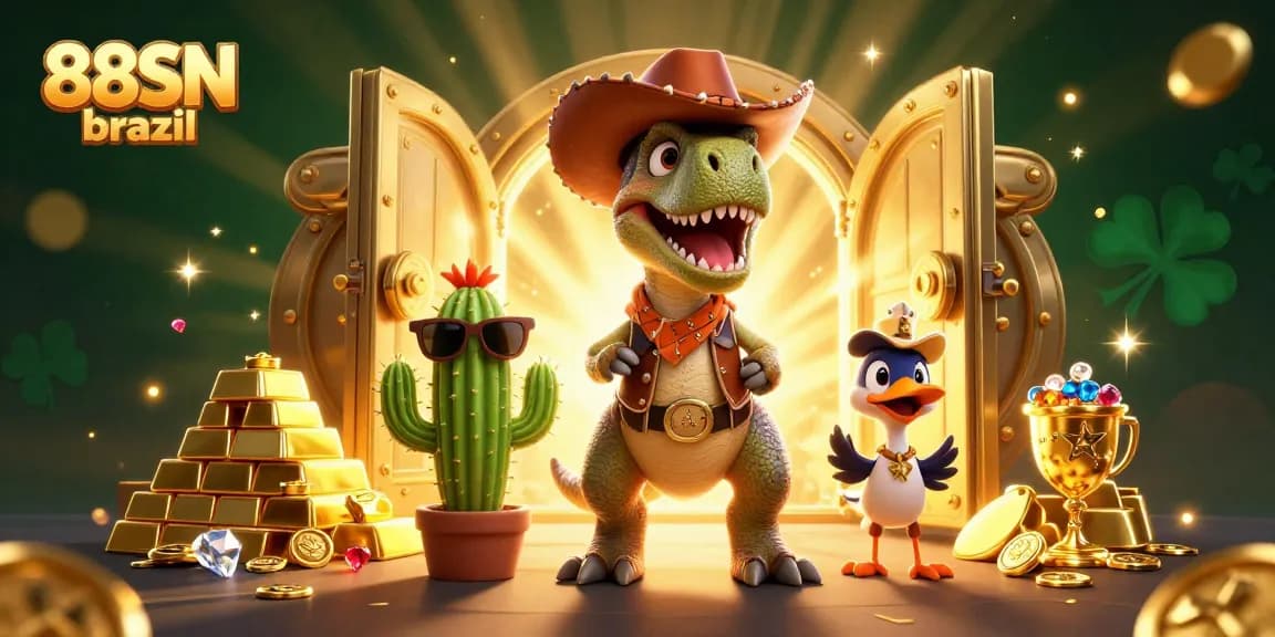 Illustration showcasing 88SN brazil with cartoon characters and treasure, symbolizing casino excitement.