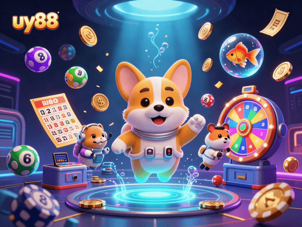 Watch the 3D space-themed casino action at uy88 featuring colorful lottery balls and dynamic characters.