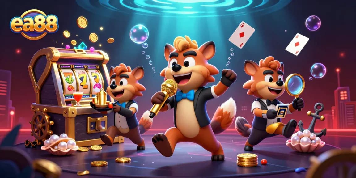 ea88 hyenas perform comedy at a vibrant casino club with slot machines and treasure exploding