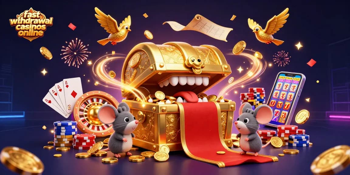 Experience fast withdrawal casinos online with animated treasure chests and vibrant gaming elements.