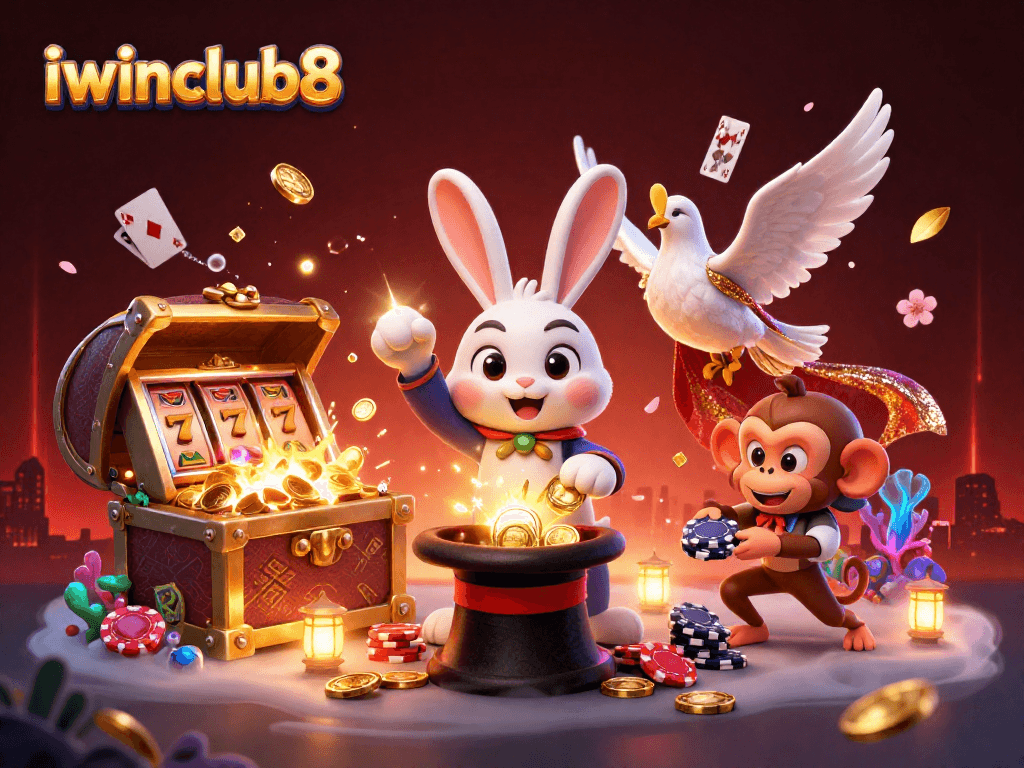 Experience excitement with iwinclub8's 3D casino scene of a magician rabbit, dove, and playful monkey.
