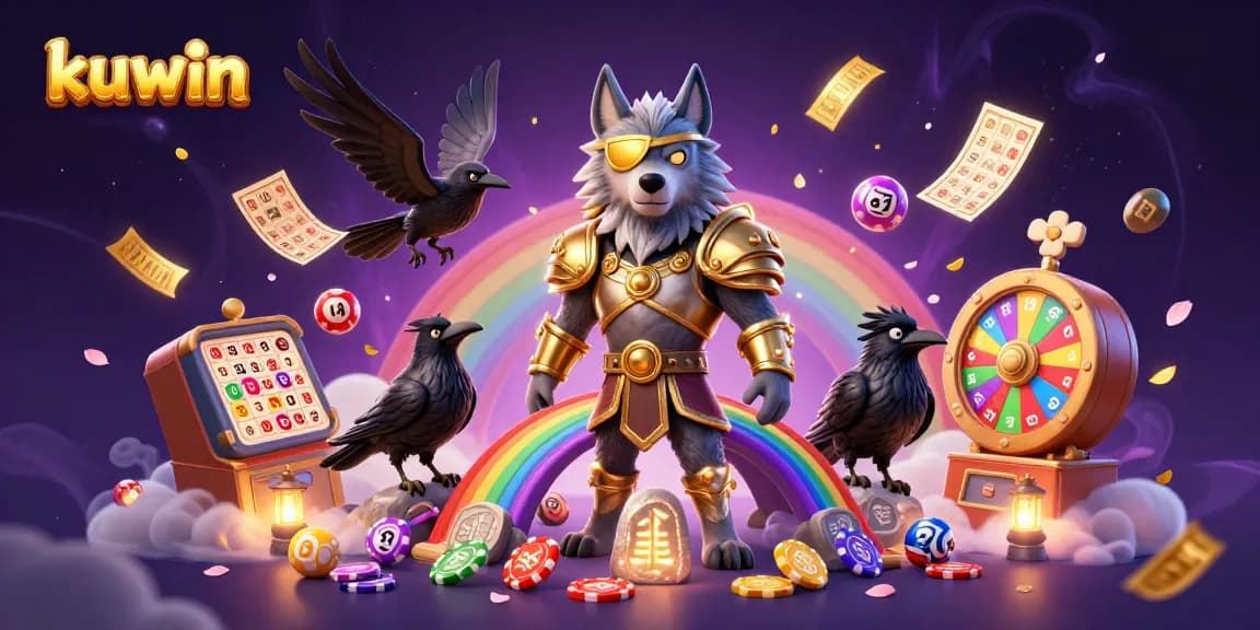 kuwin showcases a vibrant casino atmosphere, featuring Odin and ravens amidst colorful gambling elements.