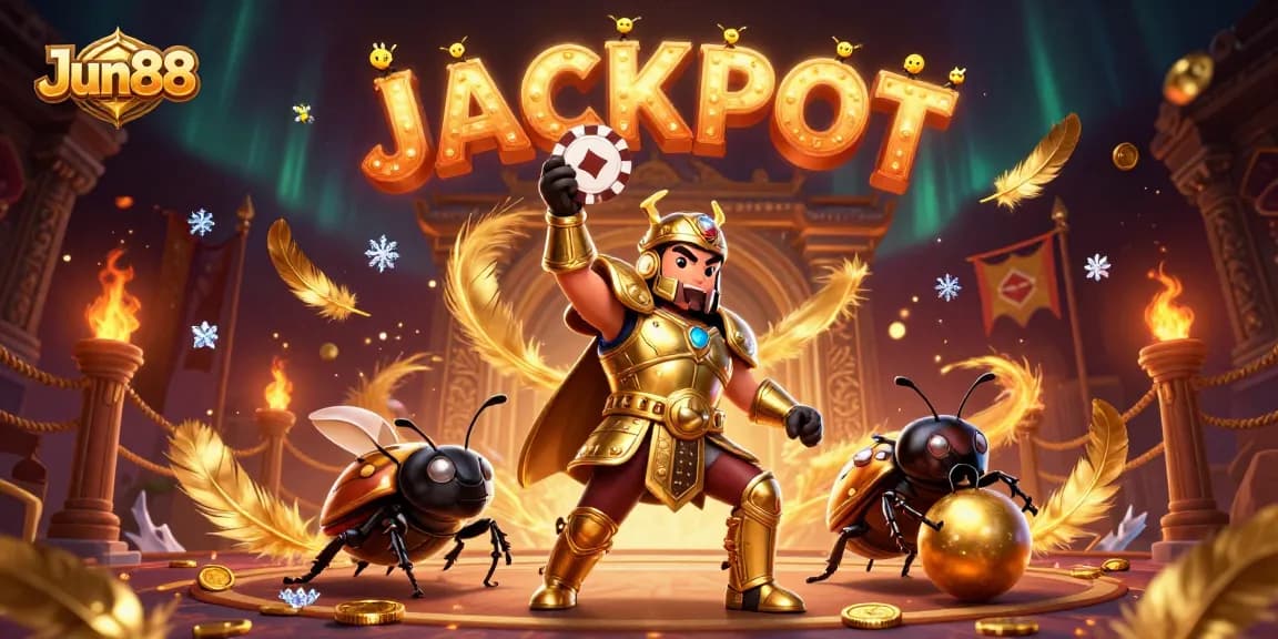 Experience the thrilling Jun88 jackpot with a victorious beetle hero and dazzling winnings.