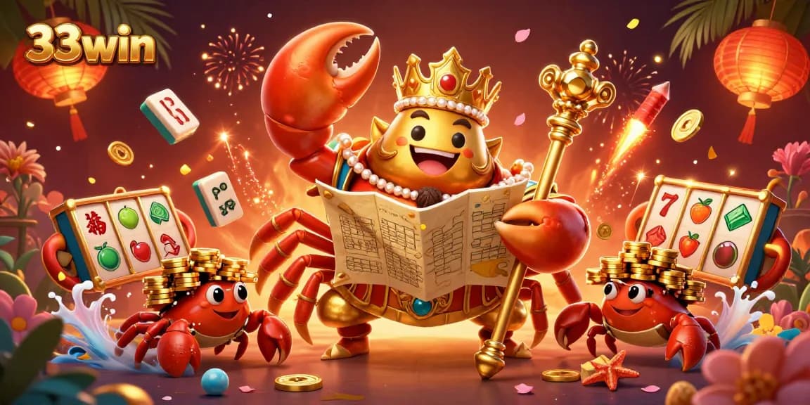 Experience exciting gameplay and winning strategies with 33win's golden crab emperor in a vibrant casino scene.