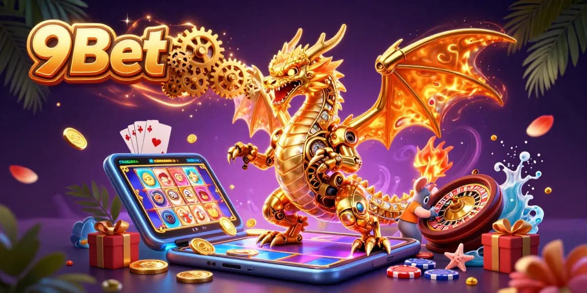 Experience thrilling gaming action at 9Bet with a golden dragon and vibrant casino elements.