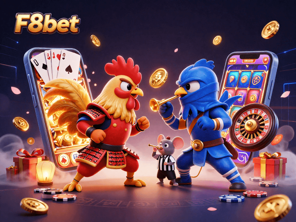 Engage in F8bet's thrilling casino environment with dynamic fighting roosters and vibrant game elements.