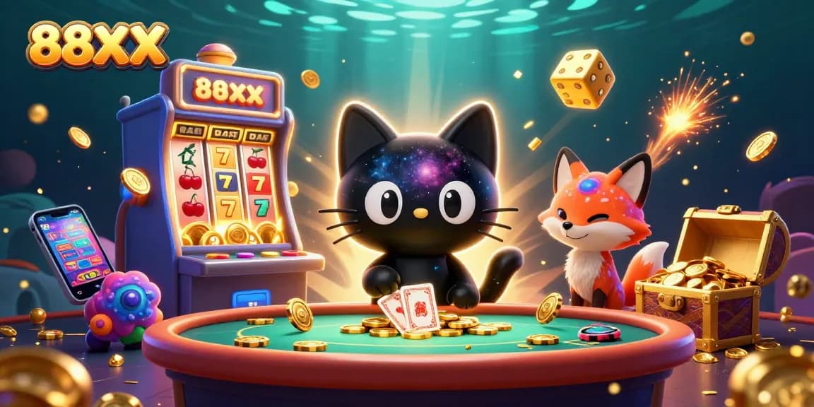 88XX engages players at a cosmic casino table, surrounded by vibrant gambling elements.