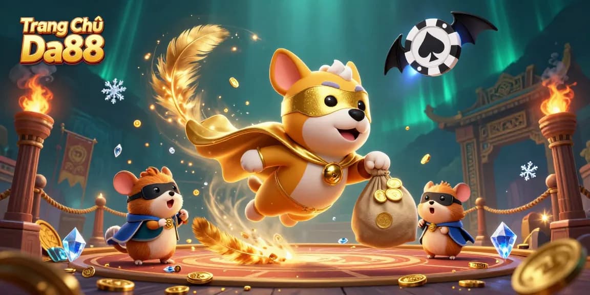 Engage with Trang Chủ Da88 featuring a dynamic superhero and hamster amidst vibrant casino elements.