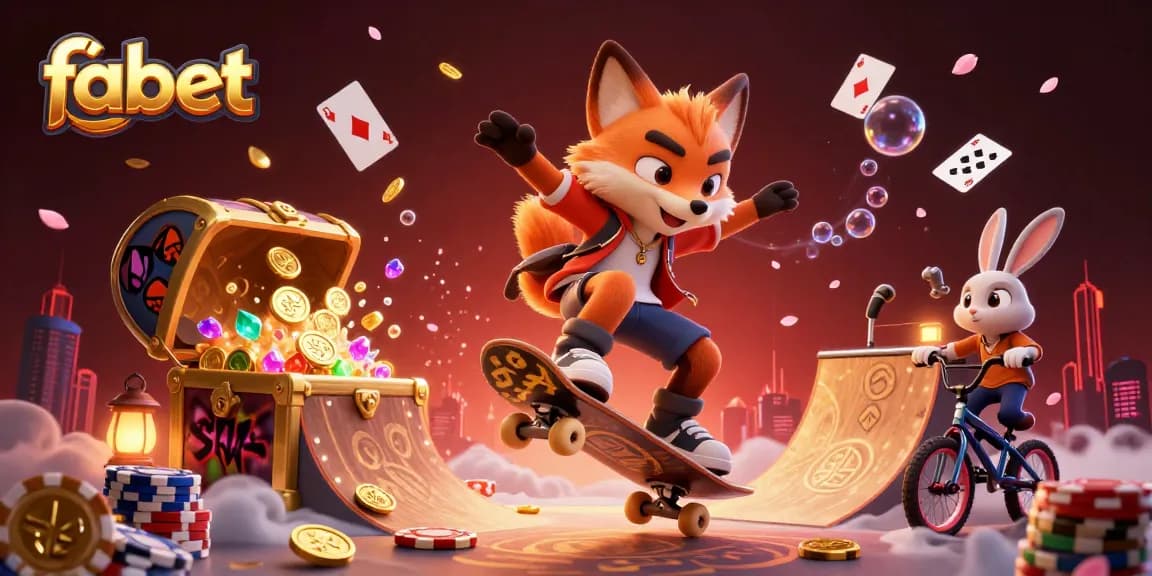 Experience fabet's thrilling casino atmosphere with skateboarder fox and BMX rabbit in vibrant 3D art.