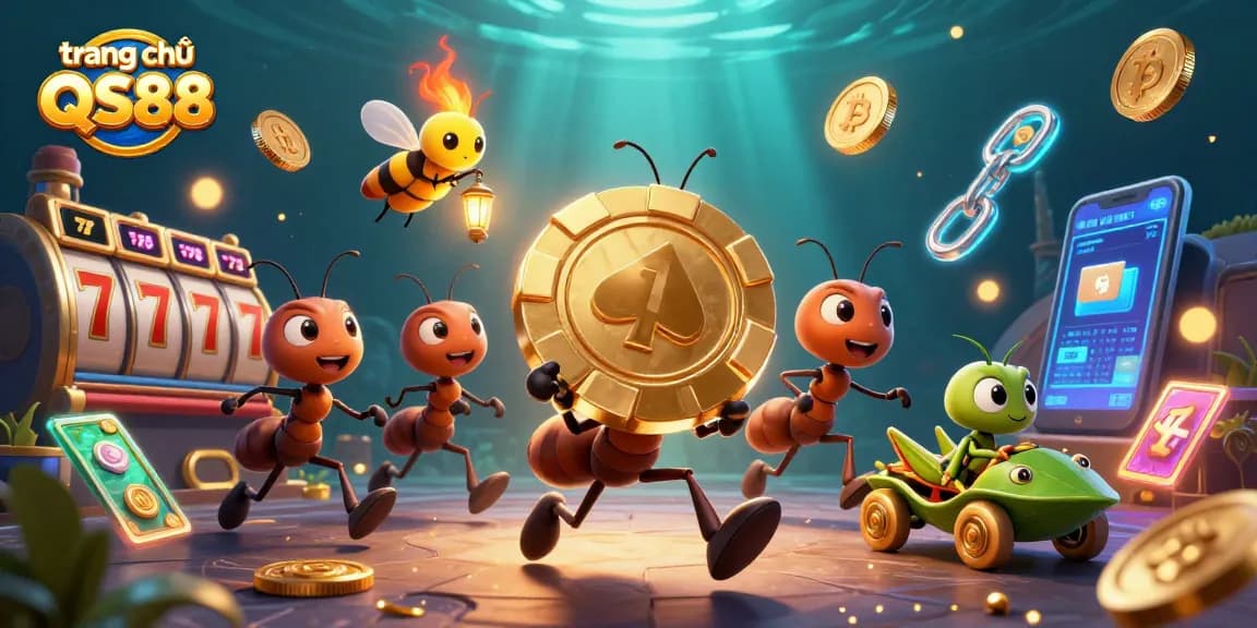 Experience the excitement at trang chủ QS88 with ants heisting poker chips in a vibrant, dynamic casino scene.