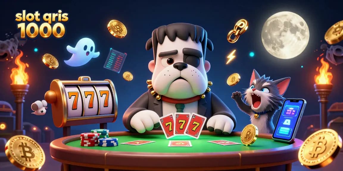 Engage with lively slot qris 1000 action, featuring a cartoon bulldog dealer and vibrant slot machine elements.