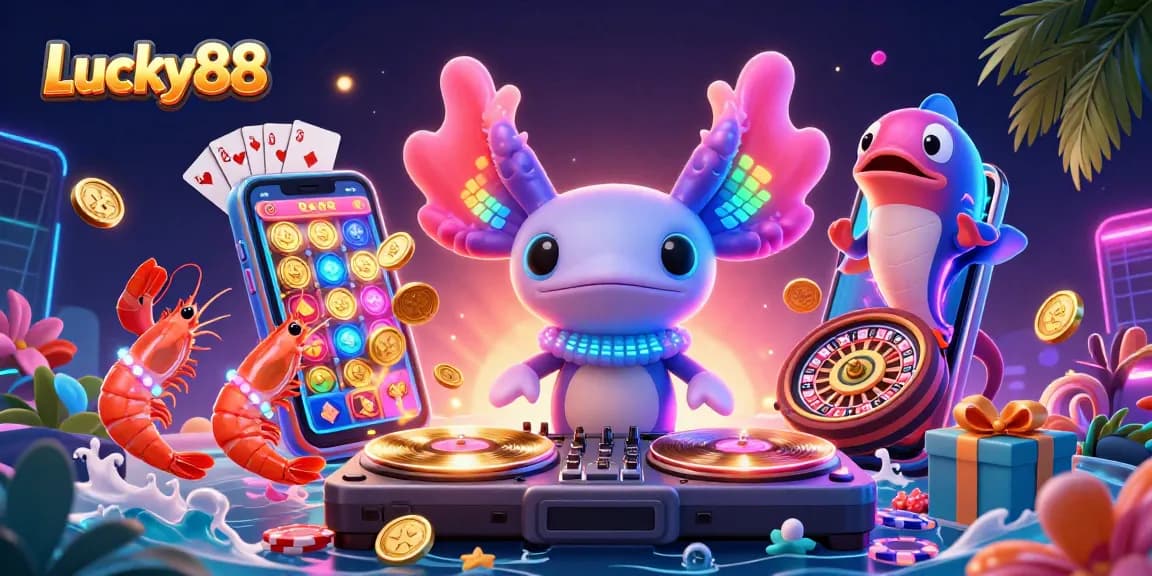 Experience thrilling gameplay with Lucky88 as neon characters animate a vibrant casino scene.