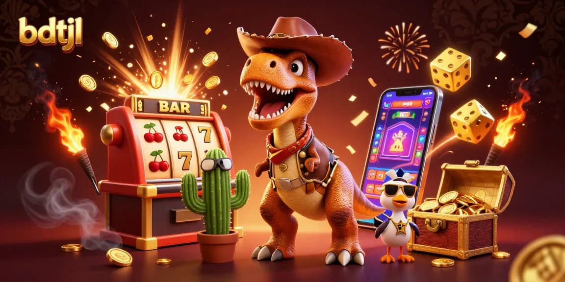 Spin the reels and win big with bdtjl in a vibrant 3D casino scene featuring themed characters.