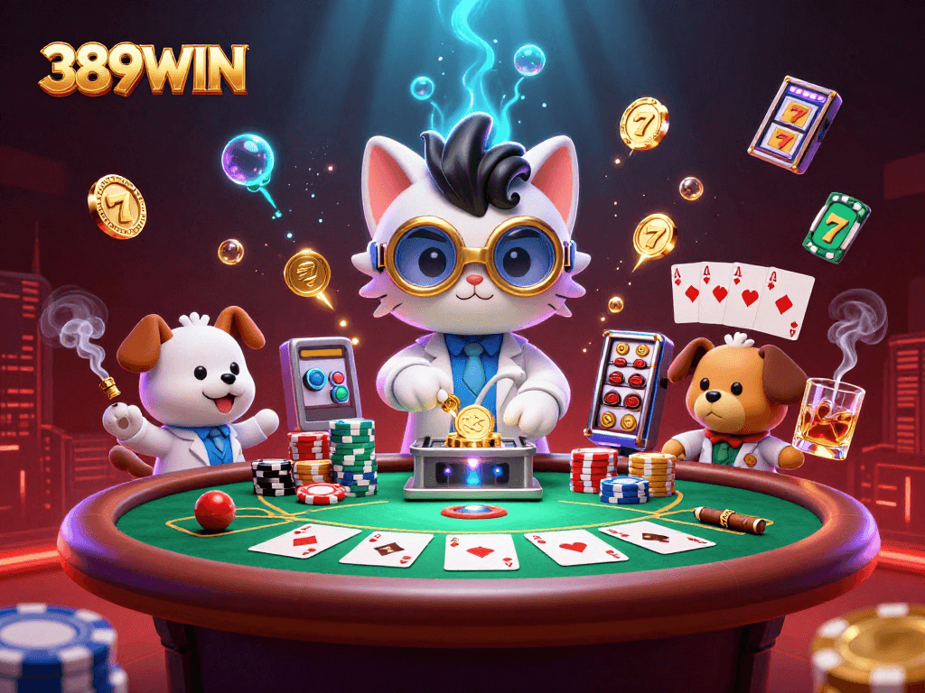 Experience exhilarating wins at 389WIN with vibrant slot reels and poker excitement in a dynamic scene.