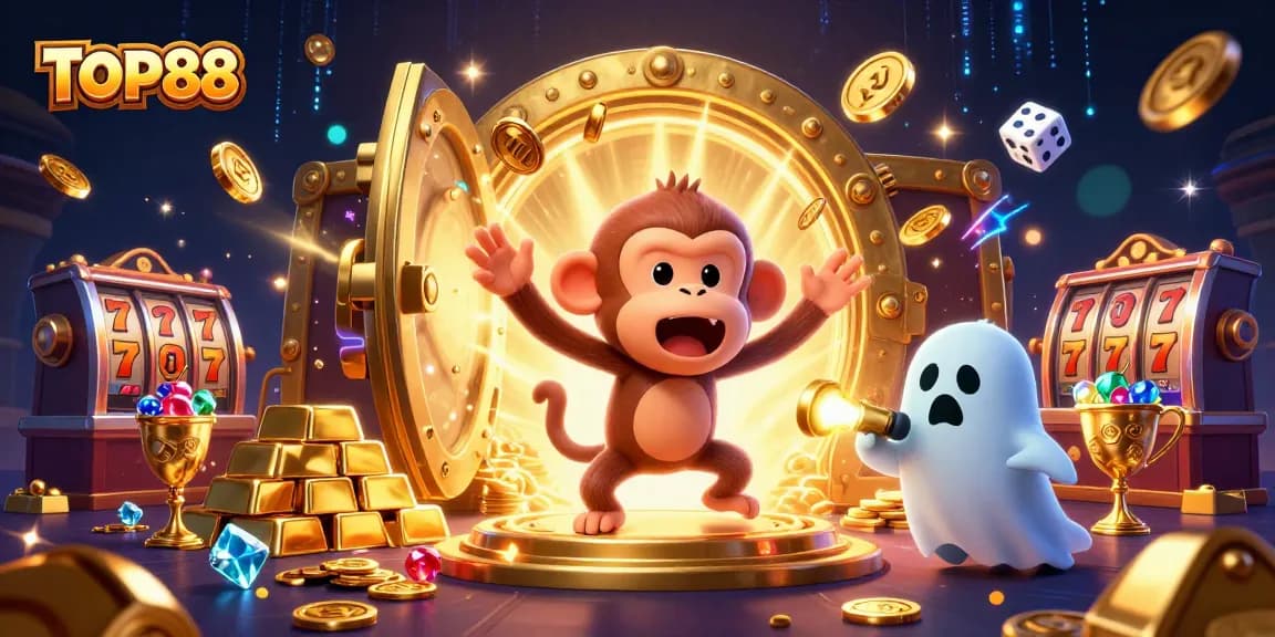 TOP88 monkey juggles golden coins in a haunted casino scene with a ghost-hunter puppy.